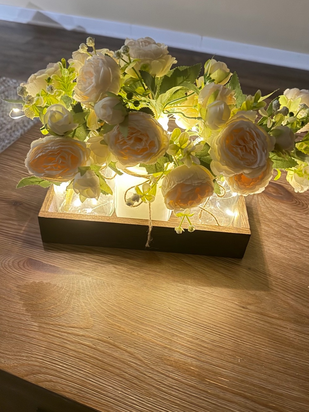 Amazon Cream and Green Faux Rose Centerpiece with LED Wood Box